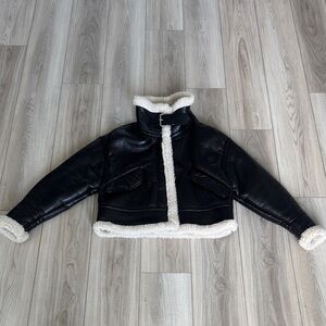 Dark brown Faux Leather Jacket with sherpa Trim